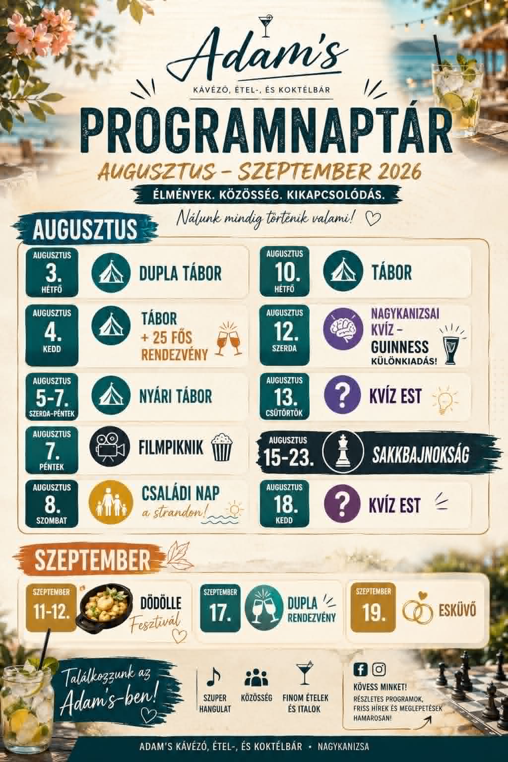 Adam's 2026 augusztus-szeptember programnaptár